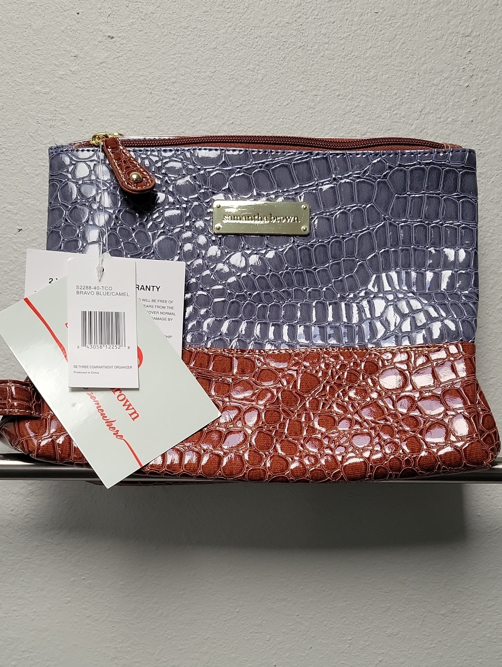 NWT Samantha Btown Travel Two-Tone Croc-Embossed Cosmetic Pouch in Blue & Brown